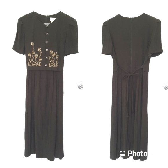 VINTAGE Miss Dorby Maxi Dress Size 12 Dark Green Embroidered Detail - Picture 1 of 6